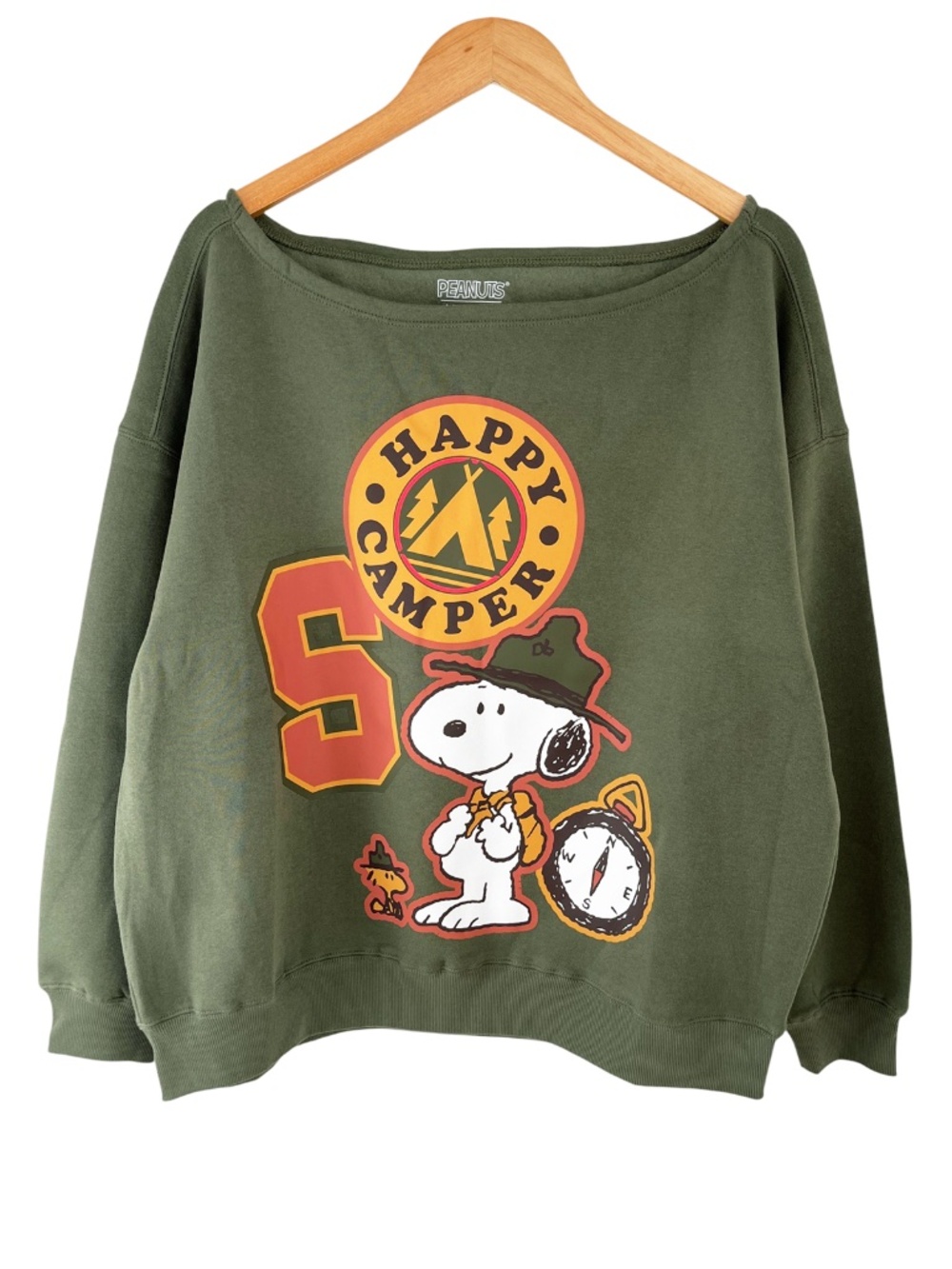 NWOT Peanuts Snoopy Women’s Sweatshirt Off The Shoulder Happy Camper Graphic - Picture 2 of 7
